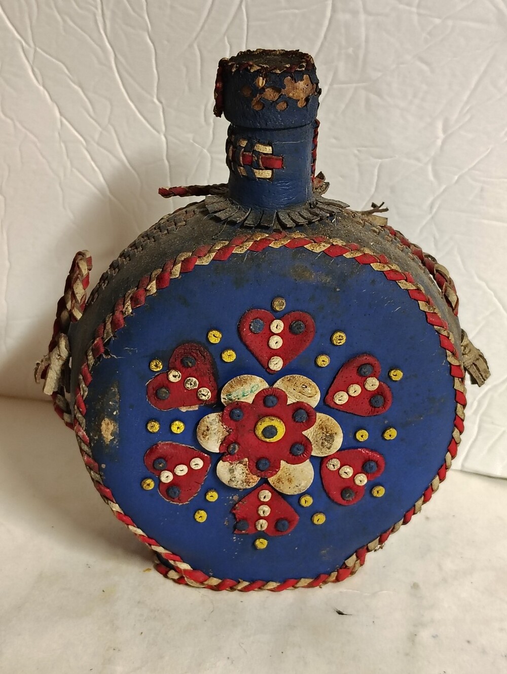 Decorative Canteen Leather Beadwork Glass Vintage Cork 8"